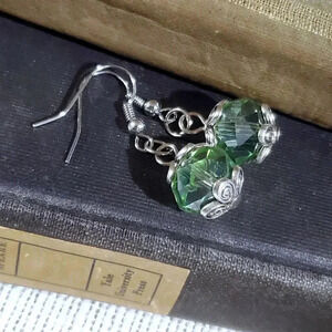 Vintage Light Green Crystal Beads Antique Silver Carved Accents Earrings